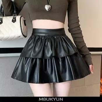 MOUKYUN Y2k плиссированная мини-юбка из искусственной кожи женская корейская мода бальное платье с высокой талией юбки женские Kawaii универсальные черные Faldas 38 белый