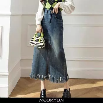 MOUKYUN, женская джинсовая юбка с кисточками, винтажные синие джинсовые юбки с высокой посадкой, весенние женские прямые юбки трапециевидной формы с разрезом на спине и запахом 34 синий