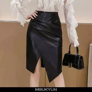 MOUKYUN женская юбка из искусственной кожи модные офисные женские нерегулярные тонкие женские юбки средней длины с высокой талией L чёрный