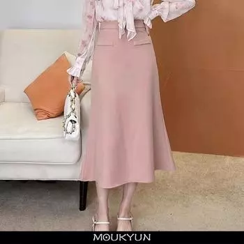 MOUKYUN, женская юбка-миди на весну и лето, корейская элегантная офисная юбка с высокой талией, белый «рыбий хвост» с запахом на бедрах, юбки трапециевидной формы S розовый