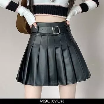 MOUKYUN женские плиссированные юбки черного цвета цвета хаки, осенне-зимние юбки, Новое поступление, юбки из искусственной кожи для девочек-подростков, юбки с высокой талией 38 чёрный
