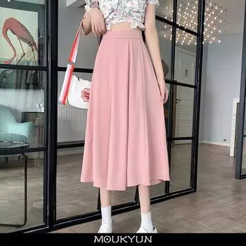 MOUKYUN женские повседневные элегантные плиссированные юбки средней длины летние корейские модные женские трапециевидные свободные длинные юбки с высокой талией Faldas One Size чёрный