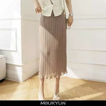 MOUKYUN женские прямые эластичные плиссированные юбки средней длины, весенне-осенние повседневные корейские модные женские облегающие юбки миди Faldas One Size серый