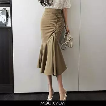 MOUKYUN, женские шикарные складные юбки с запахом на бедрах, юбки-русалка, весна-лето, повседневные длинные юбки цвета хаки, с высокой талией, для пляжной вечеринки, черная юбка-миди