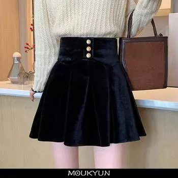 MOUKYUN Золотые бархатные плиссированные юбки, осенняя женская корейская юбка с высокой талией y2k, повседневная кавайная юбка Za, женская черная мини-юбка трапециевидной формы 34 чёрный