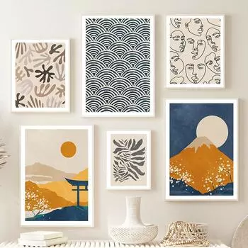 Mount Fuji Waves Crane Flower Line Face Wall Art Холст Картина Плакаты на скандинавскую тему и принты Настенные картины для декора гостиной A4 21X30cm No Framed