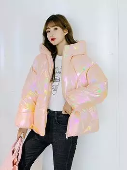 Моющаяся красочная хлопковая одежда с ярким лицом, женское короткое зимнее новое свободное и утолщенное пуховое пальто S розовый