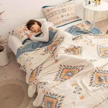 Одеяло с геометрическим рисунком в стиле бохо, 100% хлопок, покрывало для кровати, дивана, уютное мягкое одеяло в стиле бохо, хлопковое марлевое покрывало 150*200cm синий