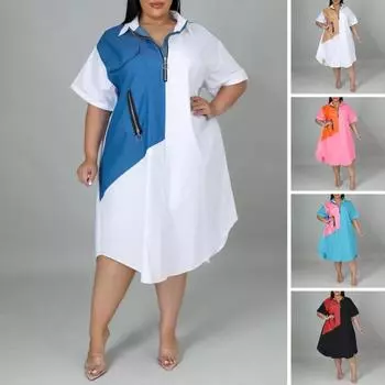 Моющееся женское платье-рубашка с контрастной строчкой, повседневная одежда 2XL синий