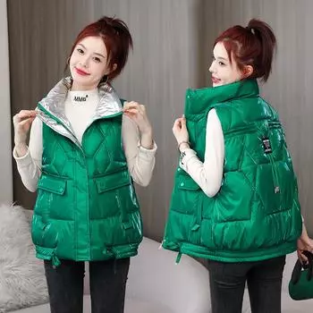 Моющийся глянцевый пуховый жилет для женщин 2023, короткий стильный жилет для осени и зимы, толстый жилет M чёрный