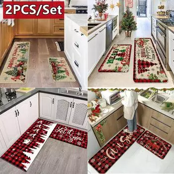 Моющийся нескользящий коврик для двери Merry Christmas, декоративный, в клетку, с изображением рождественской елки, снежинки, нескользящий, устойчивый к пятнам, мягкий, уютный 2pcs set