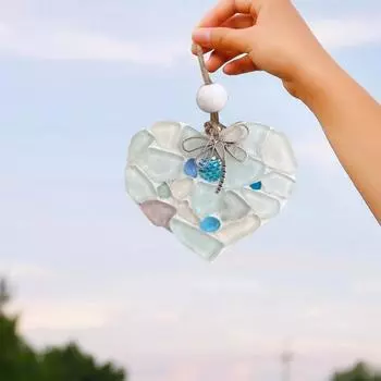 Мозаичное украшение в виде сердца из морского стекла с подвеской в виде чешуи русалки в виде стрекозы, украшение на стену из морского стекла в виде сердца с любовью G