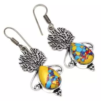 Мозаика из яшмы, драгоценный камень, подарок ручной работы для нее, серебряные серьги 1,5 дюйма