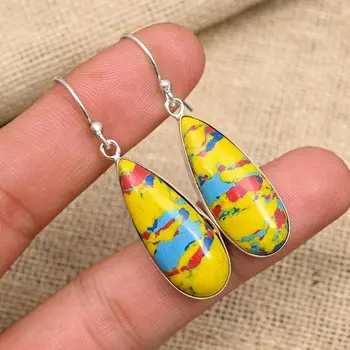 Мозаика Яшма Драгоценный камень Ювелирные изделия ручной работы Серьги из стерлингового серебра 925 пробы на Рождество 1.57 Inches жёлтый