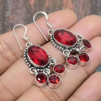 Мозамбик Гранат Драгоценный камень Твердая серьга из стерлингового серебра 925 пробы ручной работы 1.77 inches красный