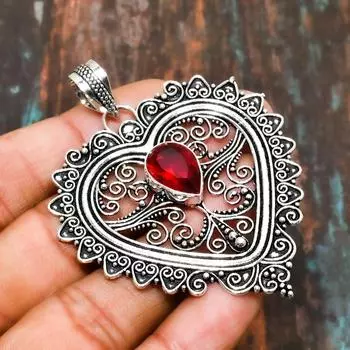 Мозамбикский гранат, драгоценный камень, подвеска из стерлингового серебра 925 пробы ручной работы для женщин 2.65 Inches красный