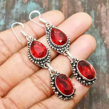 Мозамбикский гранат, драгоценный камень, серьги ручной работы из твердого серебра 925 пробы, ювелирные изделия 2.56 Inches красный