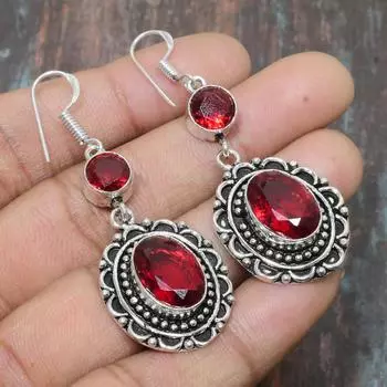 Мозамбикский гранат, драгоценный камень, ювелирные серьги ручной работы из стерлингового серебра 925 пробы для женщин 2.36 Inches красный