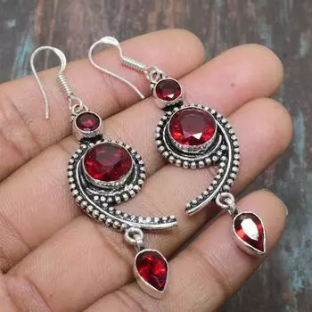 Мозамбикский гранат, драгоценный камень, ювелирные серьги ручной работы из твердого серебра 925 пробы 2.64 Inches красный