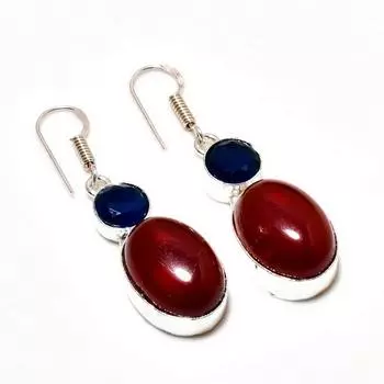 Мозамбикский гранат и голубой топаз, посеребренные серьги 925 пробы, 1,89 дюйма