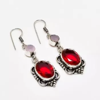 Мозамбикский гранат и розовый халцедон 925, посеребренная серьга 1,89 дюйма