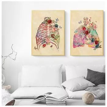 Мозг, сердце, череп, цветок, анатомический плакат, печатная картина на холсте, винтажная настенная живопись, скандинавская больничная палата, украшение дома, изображение 21x30cm No Frame