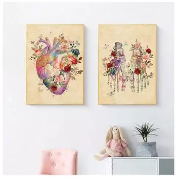 Мозг Сердце Череп Цветок Анатомия Плакат Ретро Настенный Художественный Принт Холст Картина Скандинавская Больничная Палата Украшение Дома Фреска 21X30cm No Frame
