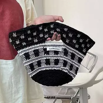 Можно использовать как шляпу для сумки ~ двойное назначение, связанная крючком шляпа рыбака, корейская версия, хлопковая полосатая дорожная шляпа от солнца 56-58CM чёрный