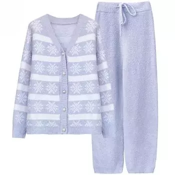 Можно носить снаружи с полосатой пижамой со снежинками для женщин осенью и зимой, мягкая и плотная, теплая трикотажная домашняя одежда One Size синий