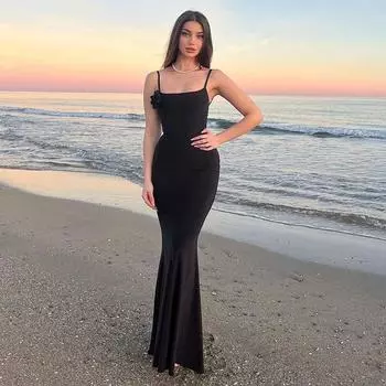 Mozision платье макси на бретельках с открытой спиной для женщин халат черный цветок с открытыми плечами без рукавов бандажное облегающее сексуальное длинное платье S чёрный