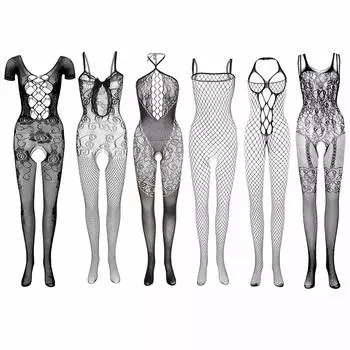 MOZOWO Sexy Lingerie Body Stocking Full Body Tights Fishnet Tights Sexy 6 Piece Set Cosplay Costume Black