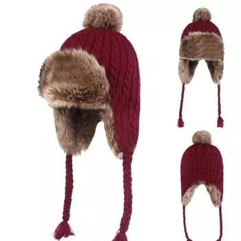 Мяч из кроличьего меха, женская шерстяная кепка, осенне-зимняя толстая ветрозащитная кепка с защитой ушей, лыжная кепка, шапки с черепами, кепка с рукавами темно-красного