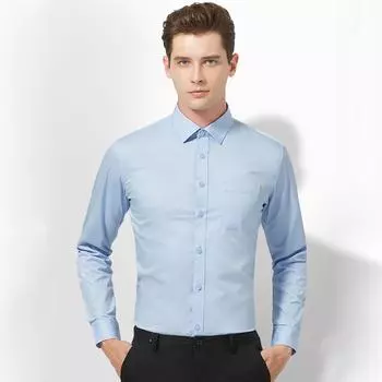 Мягкая эластичная однотонная мужская рабочая рубашка с длинными рукавами и нагрудным карманом M