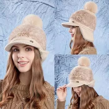 Мягкая бейсболка для защиты ушей, женская зимняя теплая вязаная шерстяная кепка для защиты от холода чёрный