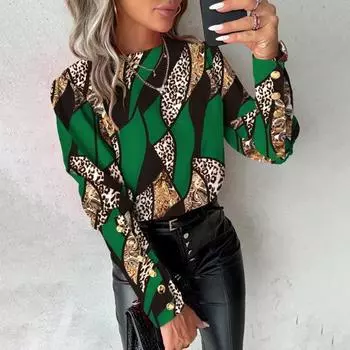 Мягкая дышащая элегантная блузка на пуговицах большого размера с одинаковым декором, круглым вырезом и длинными рукавами S синий