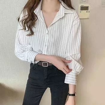 Мягкая дышащая рубашка большого размера с узором в полоску и отложным воротником в полоску, супер свободная офисная женская рубашка, топы для женщин M белый