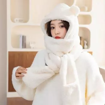 Мягкая флисовая шапка с ушками медведя, шарф, двухслойная утолщенная плюшевая шапка для шеи, шарф, перчатки, комплект для женщин серый