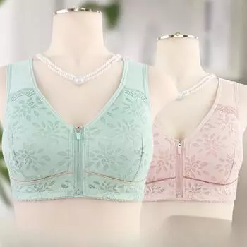 Мягкая хлопковая чашка с молнией спереди в нижнем белье для пожилых женщин, жилет из кружева без стального кольца, бюстгальтер большого размера 36/80