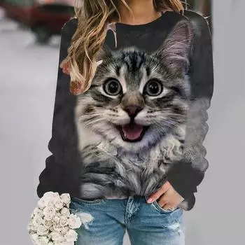 Мягкая и удобная кофта CatSweatshirt с длинным рукавом и круглым вырезом для повседневной носки - идеально подходит для женщин и девочек Wom S