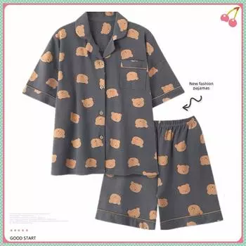 Мягкая и удобная одежда для сна для женщин с принтом, кардиган с короткими рукавами, свободные брюки M