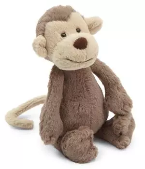 Мягкая игрушка Jellycat Bashful Monkey S, сидящая обезьянка, высота 15 см, коричневая