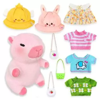 Мягкая игрушка капибара с 9 предметами одежды, аксессуары, обучающая кукла своими руками, нарядная, милая мягкая игрушка капибара для девочек и мальчиков коричневый