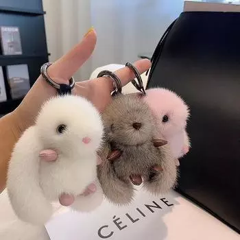 Мягкая игрушка кролик, плюшевый брелок из меха кролика, пушистый, мягкий, милый, пушистый, аксессуары, пушистый брелок, подарок для девочек и детей белый