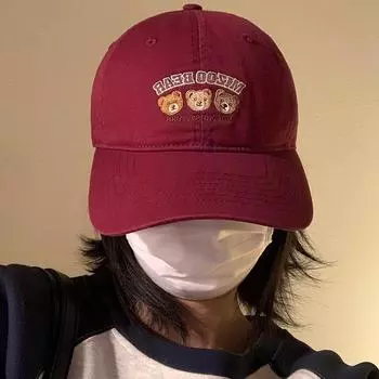 Мягкая кепка с вышитым медведем, детская, весенне-летняя, симпатичная, с изображением лица, для маленьких студентов, пар, с загнутыми полями, бейсболка Adjustable бордовый
