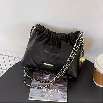 Мягкая кожа, большая вместительная модная плиссированная сумка на плечо с цепочкой, новая летняя сумка для отдыха в западном стиле, сумка через плечо на шнурке 23x18x10cm чёрный
