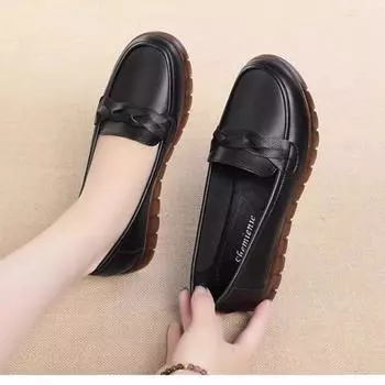 Мягкая кожа, мягкая подошва, подошва из говяжьих сухожилий, нескользящая обувь для мам среднего и пожилого возраста, женская кожаная обувь, плоская подошва, одиночные туфли для пожилых женщин 34 чёрный