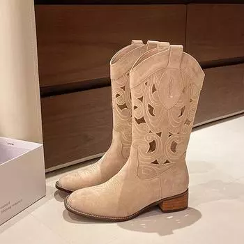 Мягкая кожа полые ковбойские сапоги в западном стиле женские летние новые короткие сапоги коричневые длинные сапоги-рыцари высокие ботинки мартин 35