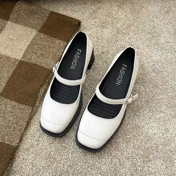 Мягкая кожа с туфлями Мэри Джейн женский толстый каблук черный средний каблук маленькие кожаные туфли квадратный носок одинарные туфли 35