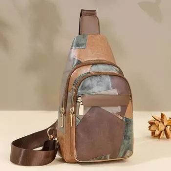 Мягкая кожаная большая вместительная нагрудная сумка женская дорожная многофункциональная сумка через плечо с прошивкой коричневый