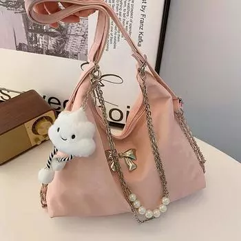 Мягкая кожаная большая вместительная сумка на плечо с жемчужной цепочкой женская весенне-летняя сумка через подмышку текстурная сумка-тоут